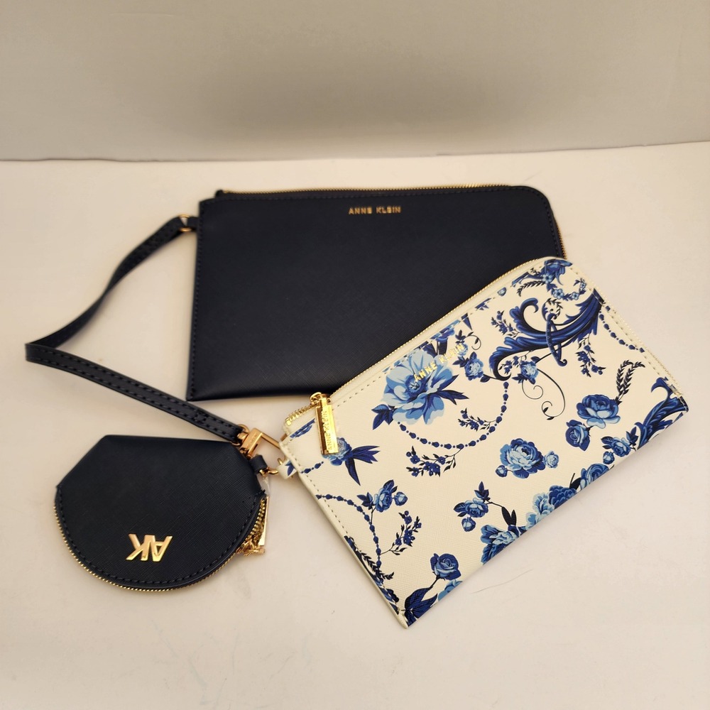 Anne Klein 3 pc Pouch Set Navy Blue Floral Wristlet Coin Purse Saffiano Leather